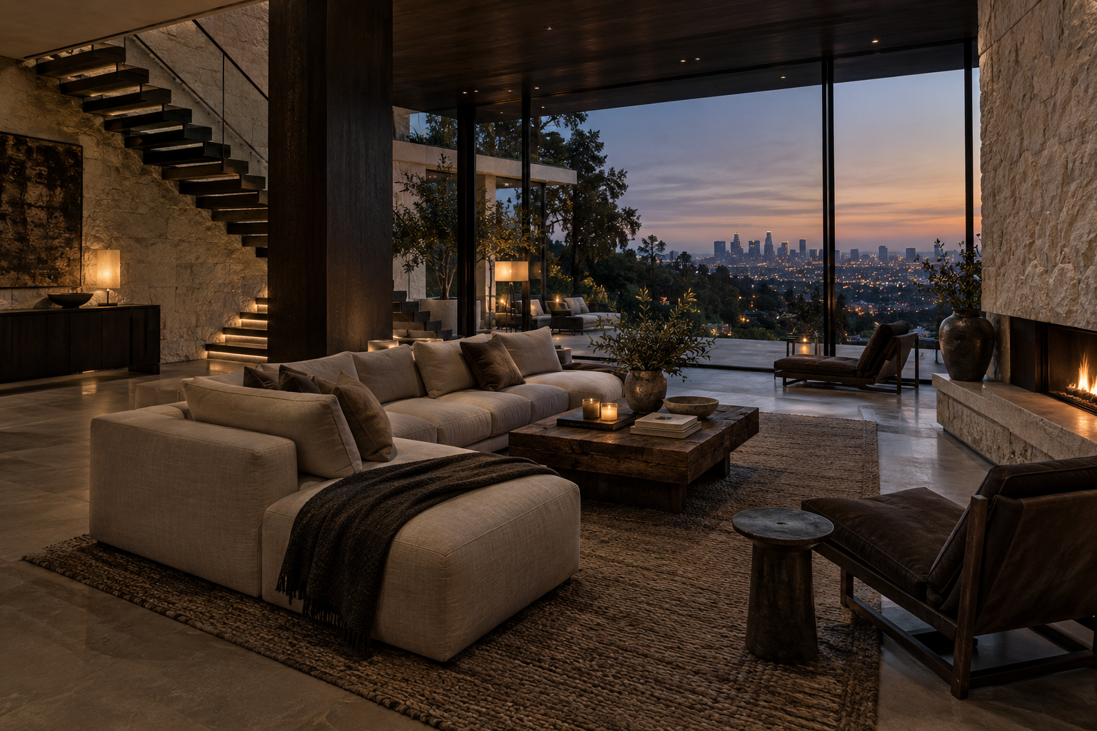 Refined Southern California home interior overlooking city lights