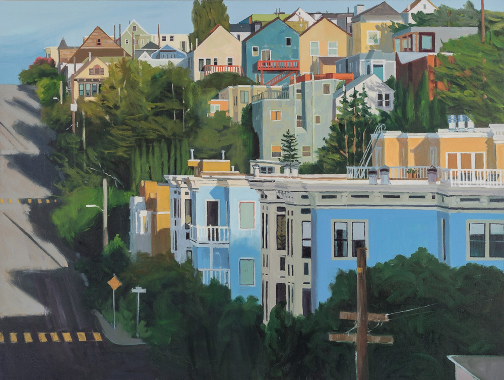 A colorful hillside neighborhood painted in an editorial style