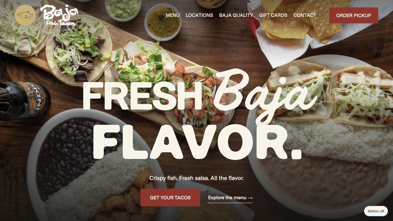 Baja Fish Tacos website with a colorful food spread and expressive typography